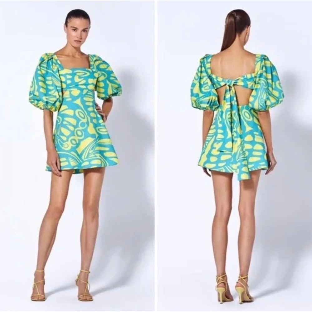 Alexis Bodhi Turquoise Yellow Print Puff Sleeve Cutout Mini Dress Open Back M - Picture 2 of 9